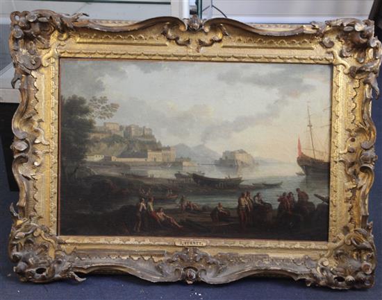 After Claude-Joseph Vernet (1714-1789) Harbour scenes with figures in the foreground 19 x 28.5in.